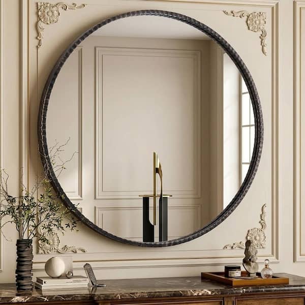 32 in. W x 32 in. H Modern Unique Round Metal Framed Wall Bathroom Vanity Mirror in Antique Black