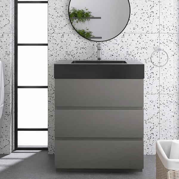 Staykiwi 29.9 in. W x 18.1 in. D x 37 in. H Single Sink Freestanding Bath Vanity in Gray with Black Solid Surface Top