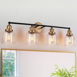 Modern Dome Bathroom Vanity Light 4-Light Black and Brass Bell Wall Sconce Light with Clear Glass Shades