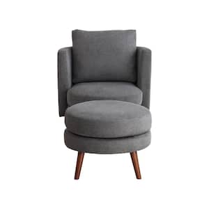 Modern Charcoal Polyester Fabric Upholstered Accent Barrel Chair with Ottoman and Throw Pillow