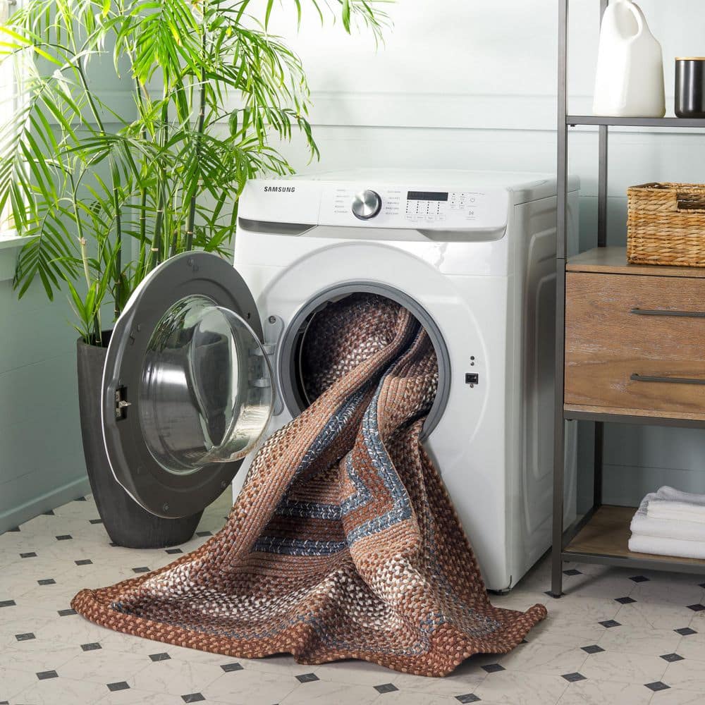 Braided Brown/Multi  6 ft. x 8 ft. Machine Washable Border Geometric Oval Area Rug