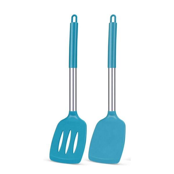 2-Pack Blue Silicone Solid Turner, Non Stick Slotted Kitchen Spatulas, igh Heat Resistant BPA Free Cooking Utensils