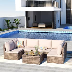7 Pieces Wicker Outdoor Sectional Sofa Set Patio Conversation Set with Beige Cushions for Outdoor Living