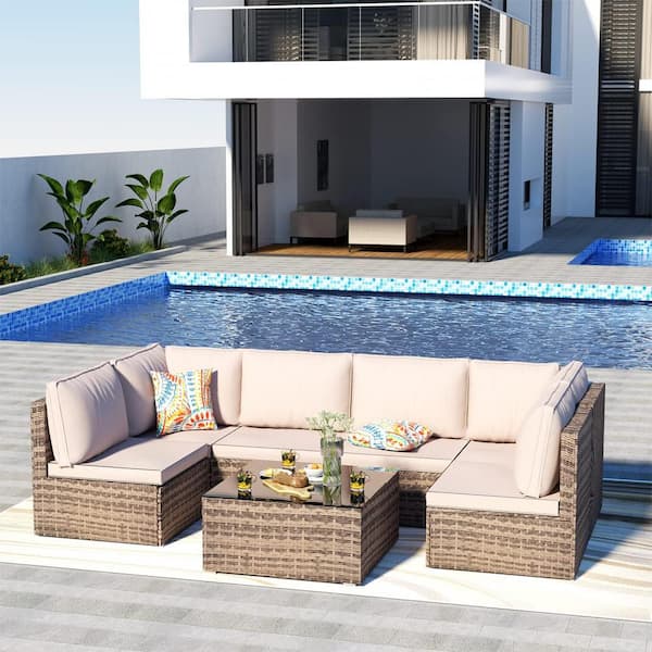 Zeus & Ruta 7 Pieces Wicker Outdoor Sectional Sofa Set Patio Conversation Set with Beige Cushions for Outdoor Living
