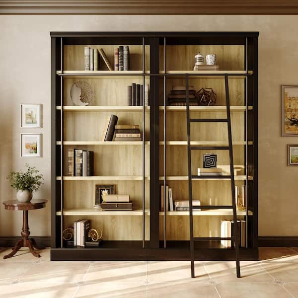 86.6 in. Tall Black Oak Wood 6-Shelf Ladder Bookcase with Rolling Ladder, Open Storage., Tip-Resistant Hardware