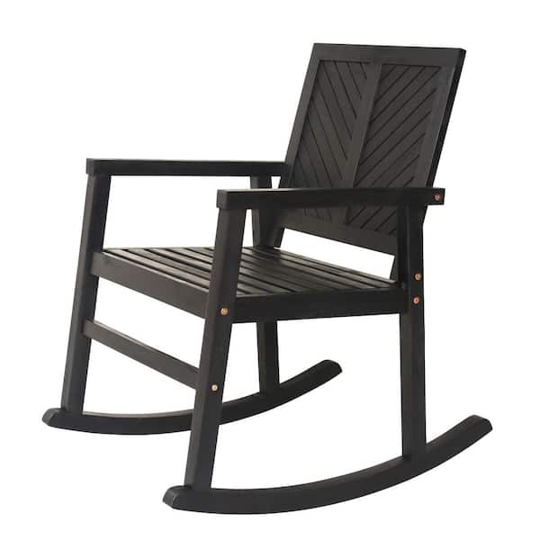 Ned Modern Chevron-Back 300 lbs. Support Acacia Wood Patio Outdoor Rocking Chair, Black