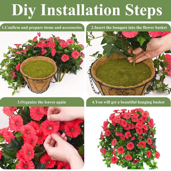 19.7 in Red Artificial Flowers Hanging Basket, Fake Glory Flowers