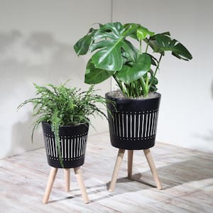 12 in. Planter with Wooden Legs Navy Blue (2-Pack)
