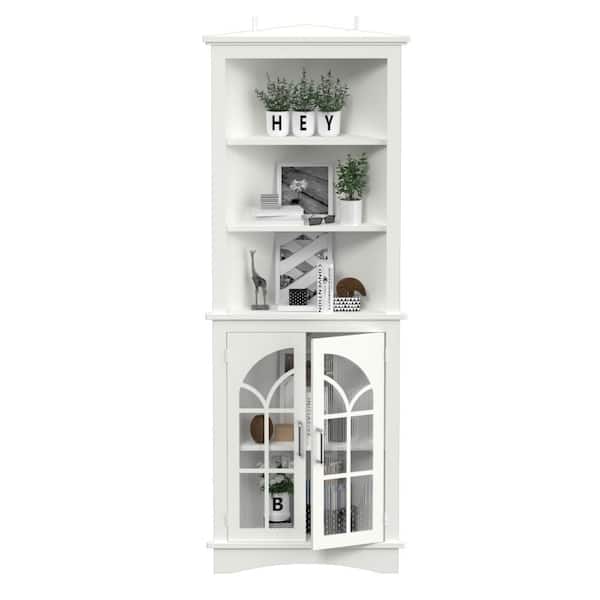 White Corner Cabinet 63.3 in. H with 3-Tier Display Rack and Lower Storage Cabinet