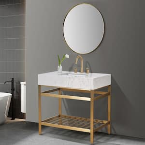 Merano 36 in. W x 22 in. D x 35 in. H Single Sink Bath Vanity in Brushed Gold with White Composite Stone Top and Mirror