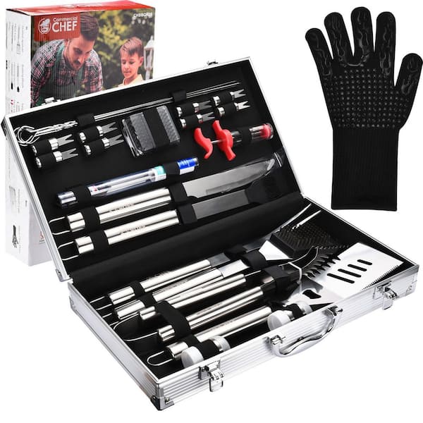 Commercial CHEF Stainless Steel BBQ Grilling Cooking Accessories - Cooking Grill Tool Set with Aluminum Case (25-Piece)