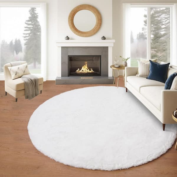 White 5 ft. x 5 ft. Circle Rug Fluffy Faux Fur Rug Furry Fuzzy Rug Round Area Rug