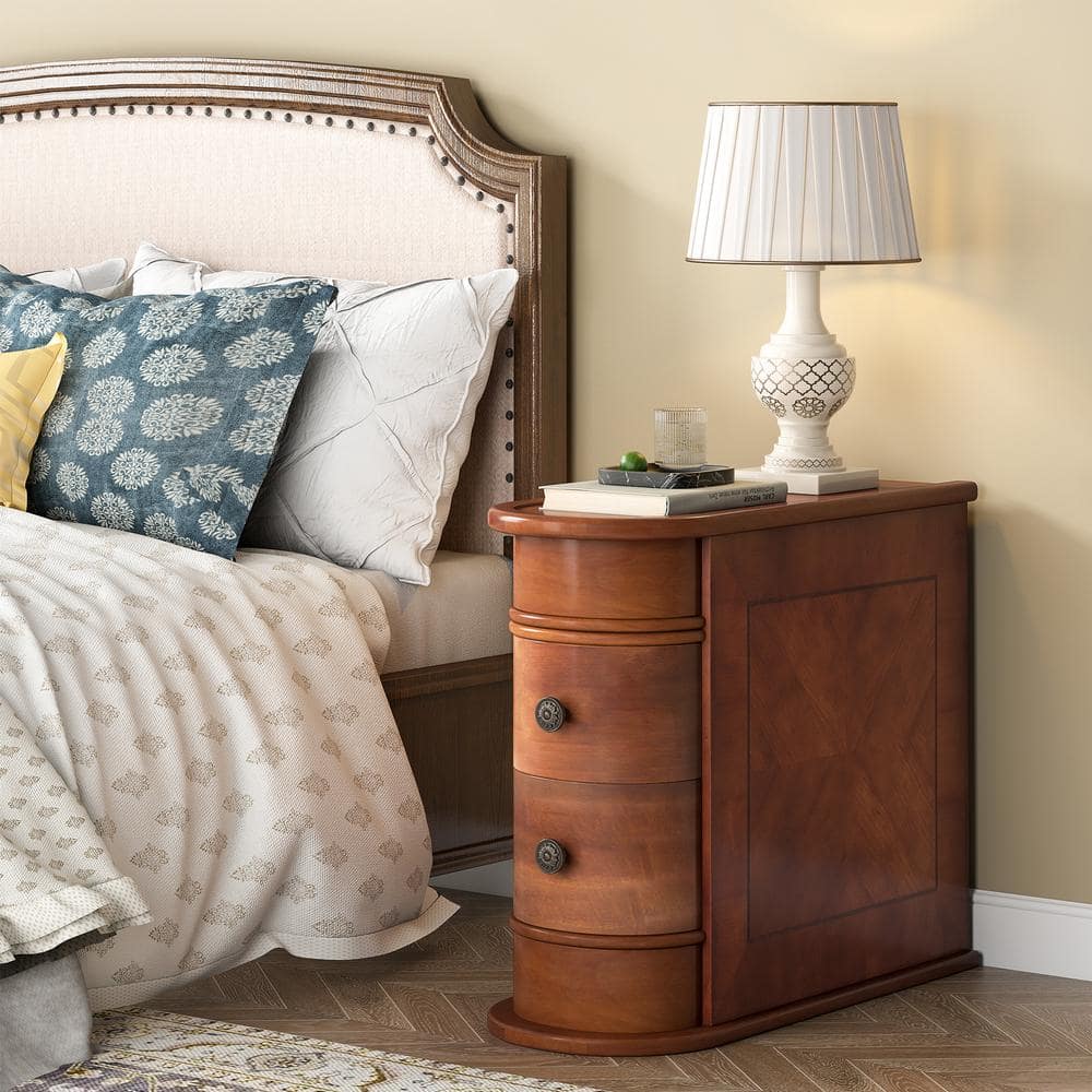 Walnut U-Shaped Wood End Table with Storage