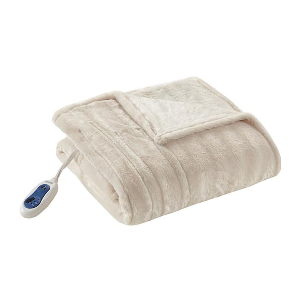 Beautyrest Heated Duke Ivory 50 in. x 70 in. Faux Fur Heated Throw