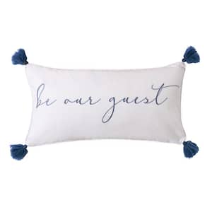 Lillian White, Blue "Be Our Guest" Embroidered With Corner Tassels 12 in. x 24 in. Throw Pillow