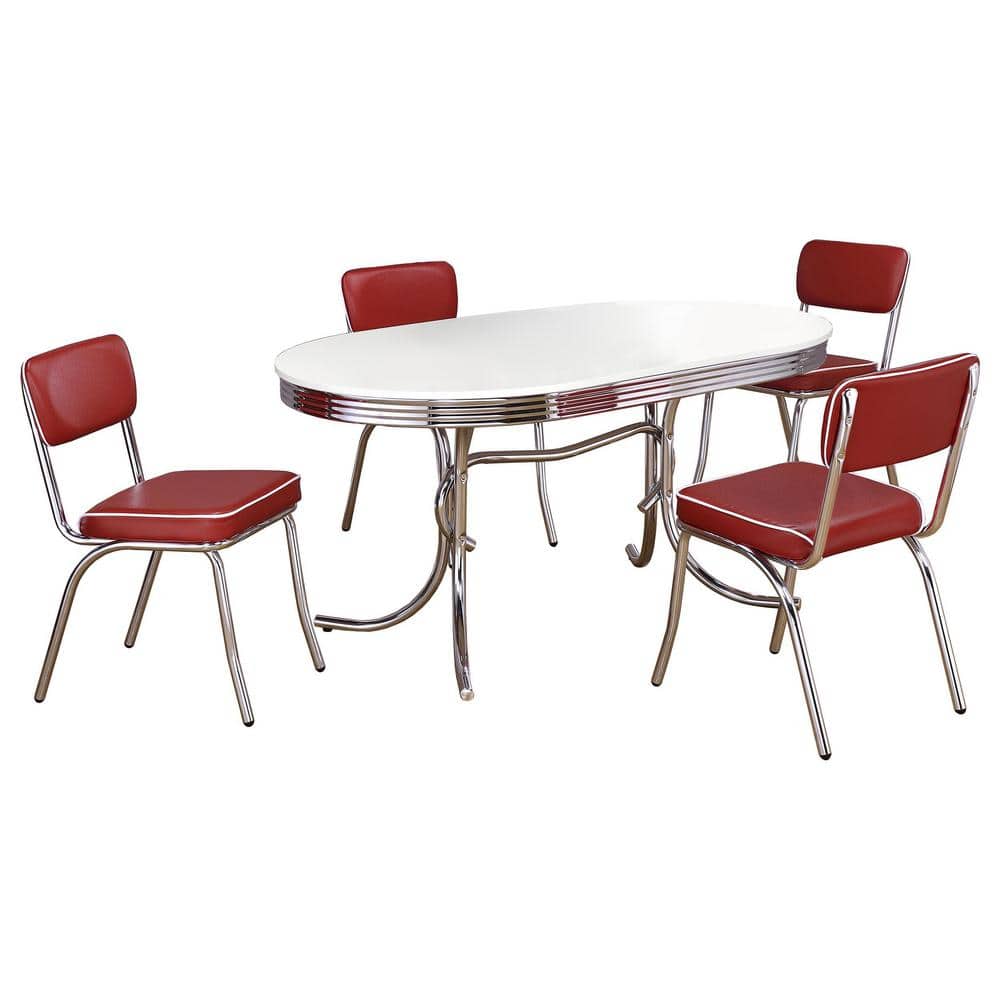 Retro Glossy White and Red Oval Dining Set with Chrome Legs