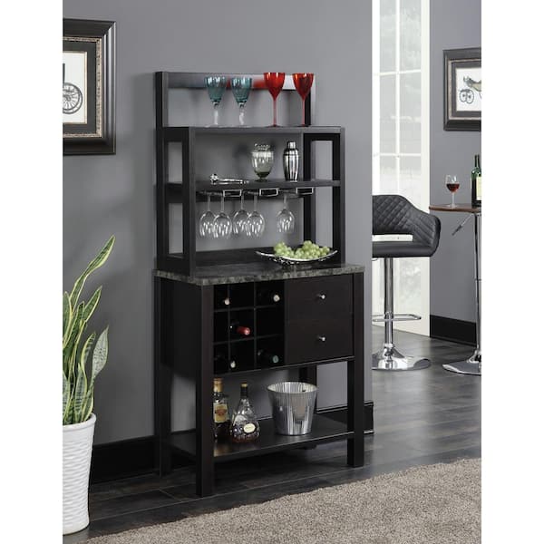 Convenience Concepts Newport Black Faux Marble/Espresso Wine Storage Bar with wine rack and shelves