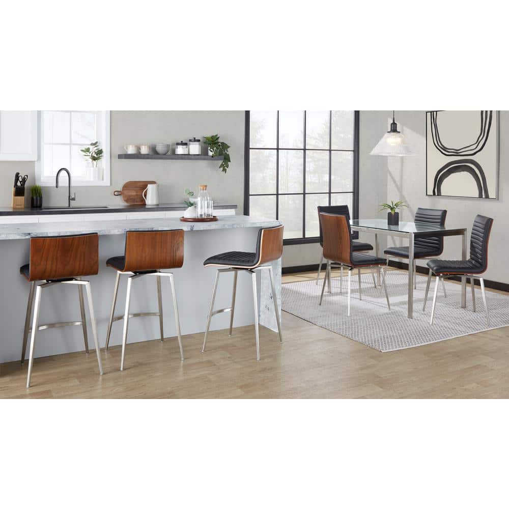 Mason Black Faux Leather Swivel Dining Chairs with Walnut Wood Back