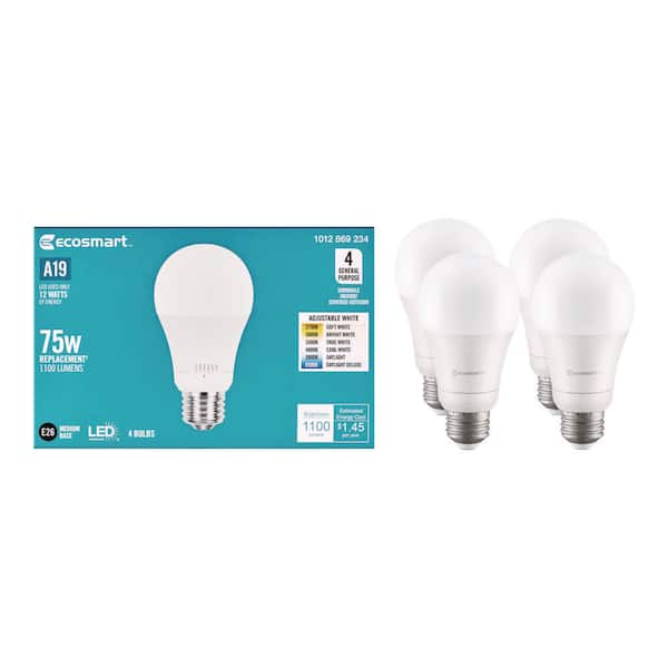 75-Watt Equivalent A19 E26 Base Dimmable LED Light Bulb with Selectable Color Temperature (4-Pack)