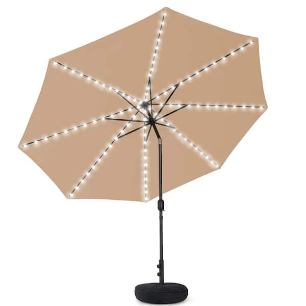 11 ft. Tan Round Solar LED Metal Rotation Cantilever Offset Outdoor Patio Umbrella with a Base in Sand