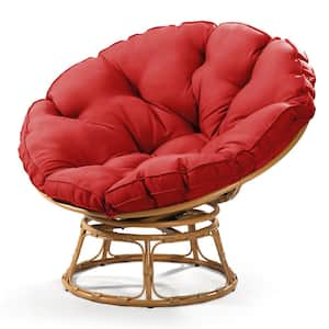 Brown Wicker Outdoor Patio Swivel Papasan Lounge Chair with Red Cushion