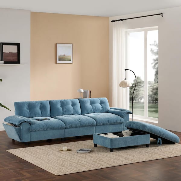 104 in. Chenille L-Shaped Sectional Sofa with Multifunctional Armrest in Light Blue