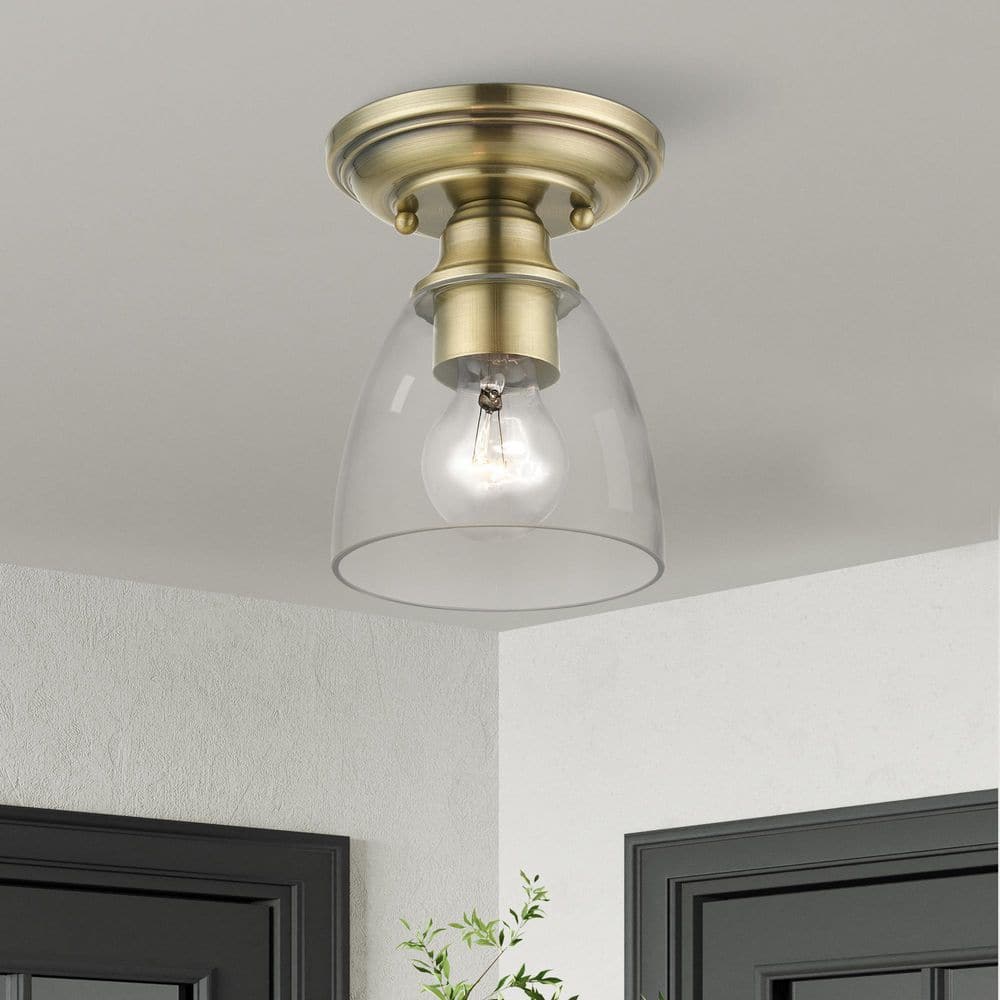Antique Brass Elegance 1-Light Flush Mount with Hand-Blown Clear Glass