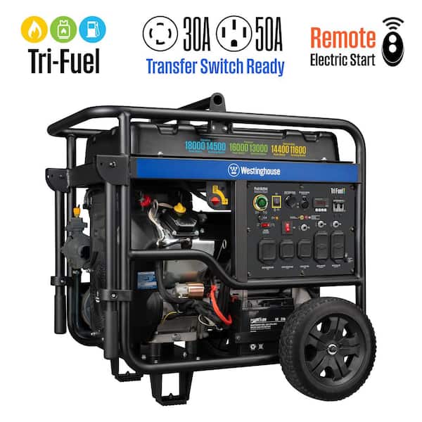 18,000/14,500-Watt Tri-Fuel Gas, Propane, Natural Gas Powered Portable Generator with Remote Electric Start, 50A Outlet