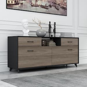 Black and Gray Wood Grain Wooden 63 in. W Storage Cabinet, TV Console, Bookcase with 4-Shelves, 2-Drawers and 2-Doors