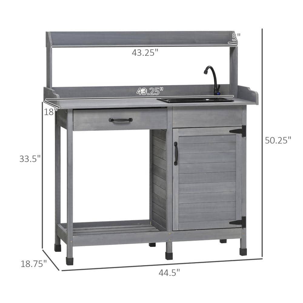 Gray Wooden Outdoor Potting Bench with Sink and Storage