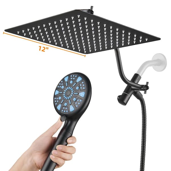Rainfull 9-Spray 12 in. Wall Mount Dual Shower Head and Handheld Shower Head with filter 1.8 GPM in Matte Black