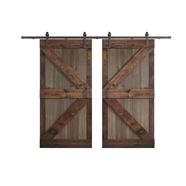 COAST SEQUOIA INC K Series 84 in. x 84 in. Smoky Gray/Kona Coffee Knotty Pine Wood Double Sliding Barn Door with Hardware Kit