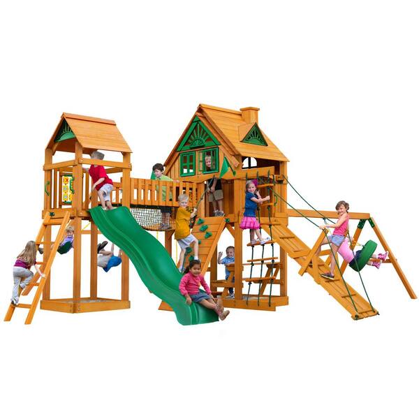 Gorilla Playsets Pioneer Peak Treehouse Wooden Swing Set with Fort Add-On and Clatter Bridge