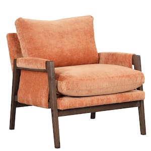 30.2 in. W Brown Rubberwood Armchair Leisure Chair with Orange Velvet Cushions for Living Room, Bedroom, Studio