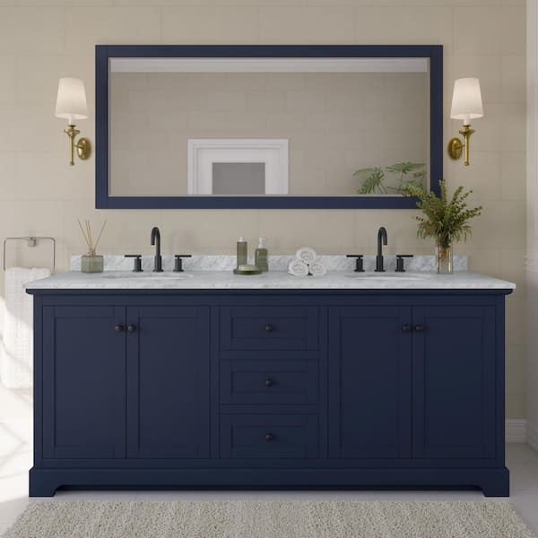 Wyndham Collection Avery 80 in. W x 22 in. D x 35 in. H Double Bath Vanity in Dark Blue with White Carrara Marble Top