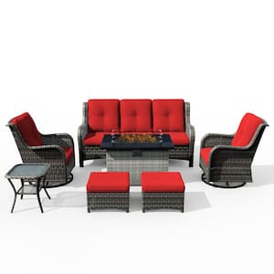 7-Piece PE Rattan Wicker Patio Conversation Set Outdoor Chairs and Fire Pit with Red Cushion