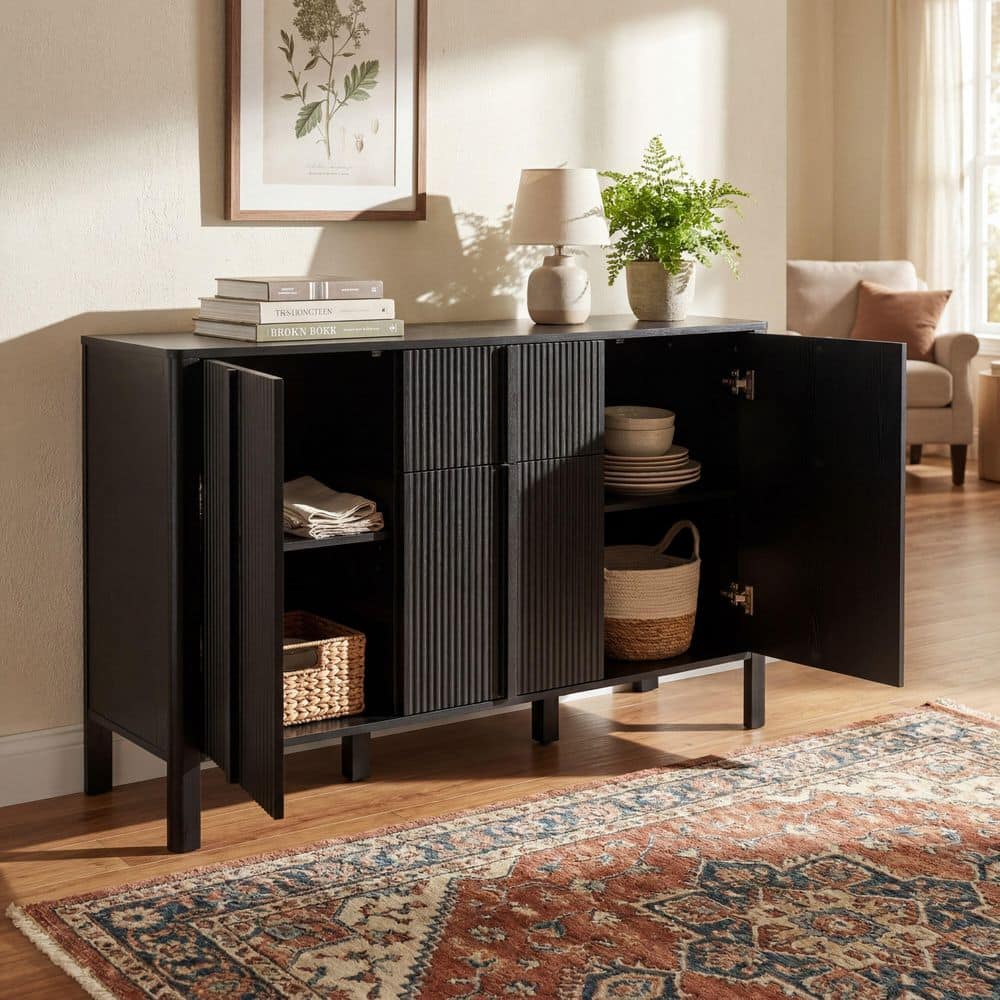 Rectangle Black MDF Wood Sideboard Buffet Cabinet with 3 Doors and 1 Drawer