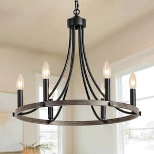 Yenier 6-Light Black/Brown Rustic Farmhouse Dimmable Kitchen Island Wagon Wheel Chandelier Candle for Living Room Foyer