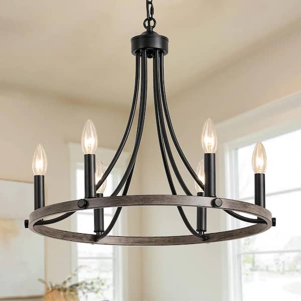 LWYTJO Yenier 6-Light Black/Brown Rustic Farmhouse Dimmable Kitchen Island Wagon Wheel Chandelier Candle for Living Room Foyer