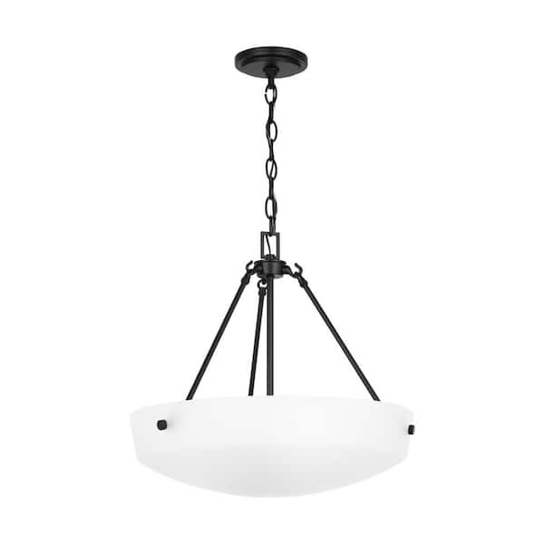 Generation Lighting Kerrville 19 in. 3-Light Midnight Black Pendant Light with a Satin Etched Glass Shade
