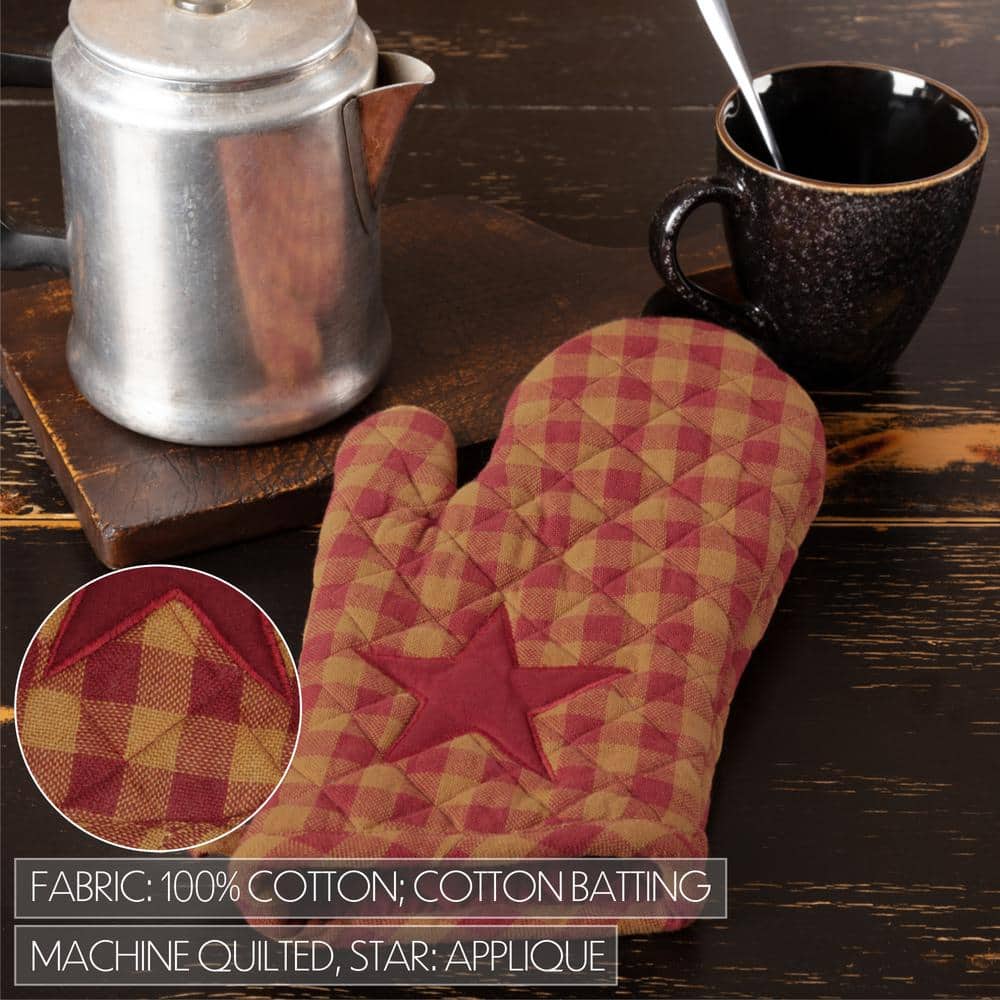 Burgundy and Khaki Cotton Star Print Oven Mitt