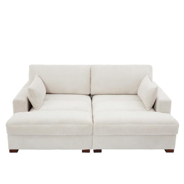 Uixe 83.90 in. Modern Square Arm Corduroy Fabric Upholstered Sectional Sofa in Beige with 2-Pillows and Wood Leg
