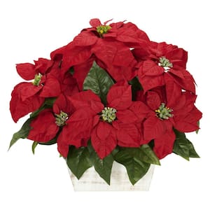 16.5in. H Red Poinsettia with White Wash Planter Silk Arrangement