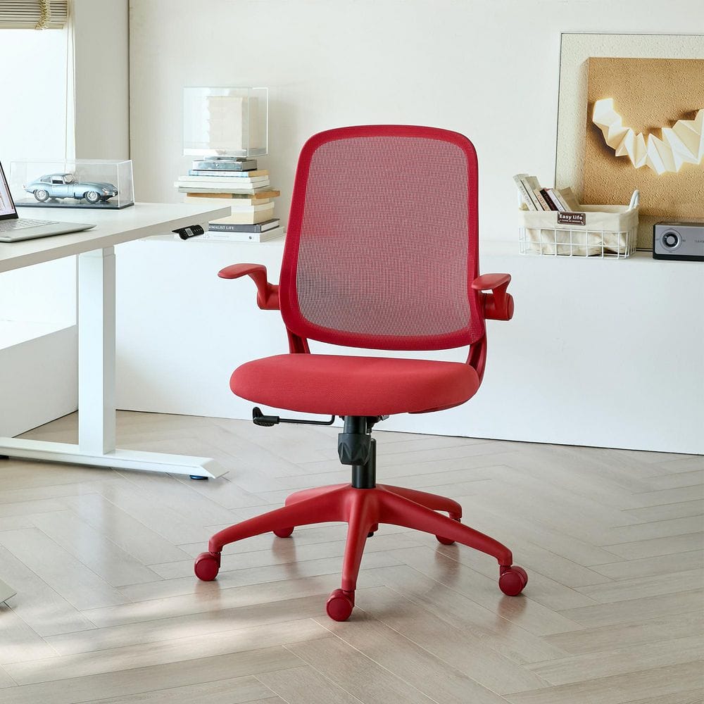 Colorful Nylon Upholstery Mesh Ergonomic Task Chair in Red Office Chair with Flip-Up Arms and Rocking Function