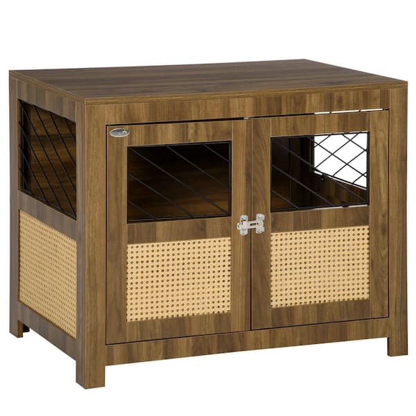 Pawhut Furniture Style Dog Crate End Table With Pe Rattan Decoration