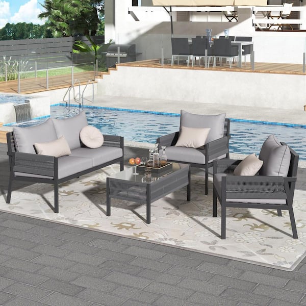 Unbranded 4-Piece Rope Patio Conversation Furniture Set, Outdoor Furniture with Tempered Glass Table, Gray Cushions