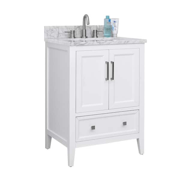 Everette 25 in. Single Sink White Bath Vanity with Carrara White Marble Top