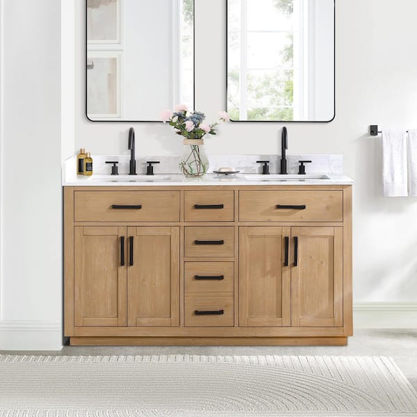 Gavino 60 in. W x 22 in. D x 34 in. H Bath Vanity in Light Brown with Grain White Composite Stone Top