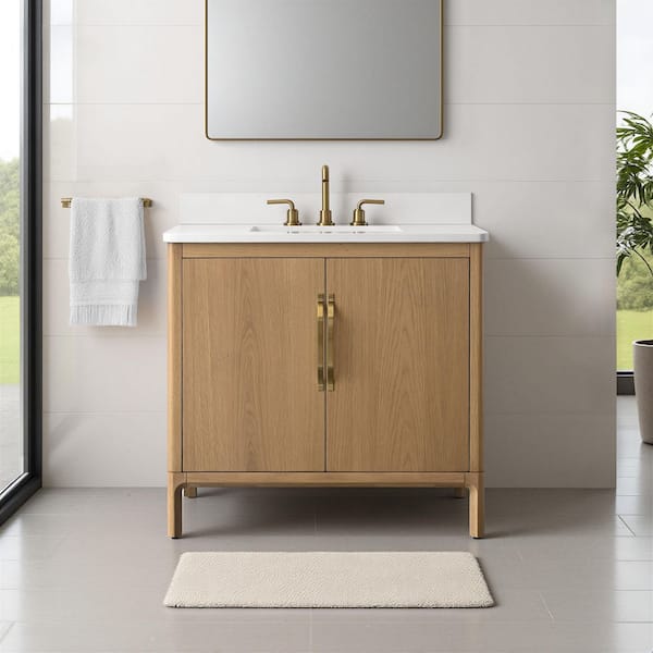 36 in. Single Sink Freestanding Bath Vanity with White Engineered Stone Top Power Outlet and Storage Assembled in Brown