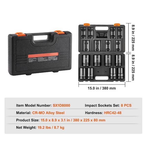 SKYSHALO 8 Piece 1 in. Drive Impact Socket Set, Metric 27-41mm, 6